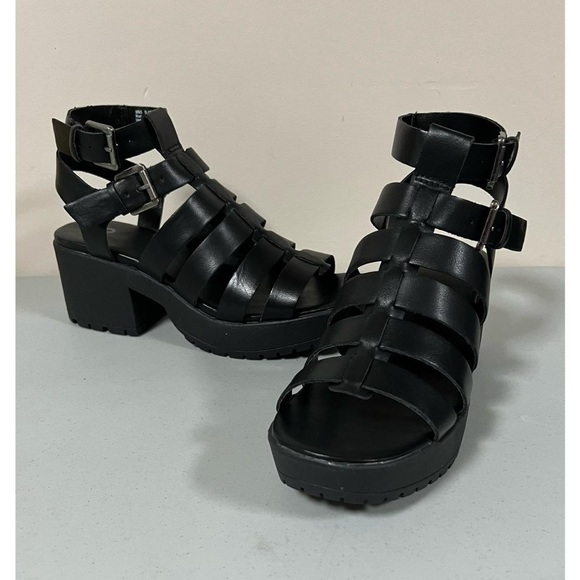 SO Black ‘Bayleigh’ Strappy Chunky Leather Open-Toe Sandals Shoes Heels Size 9🖤 - Picture 5 of 6